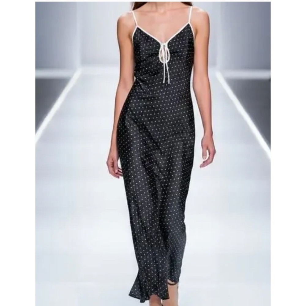 NWT RUMORED Daytona Maxi Slip Dress in Betty Dot Black White Satin‎ L